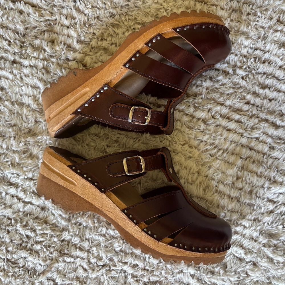 Troentorp Brown Leather Slip On Clogs Size 38 US 7.5